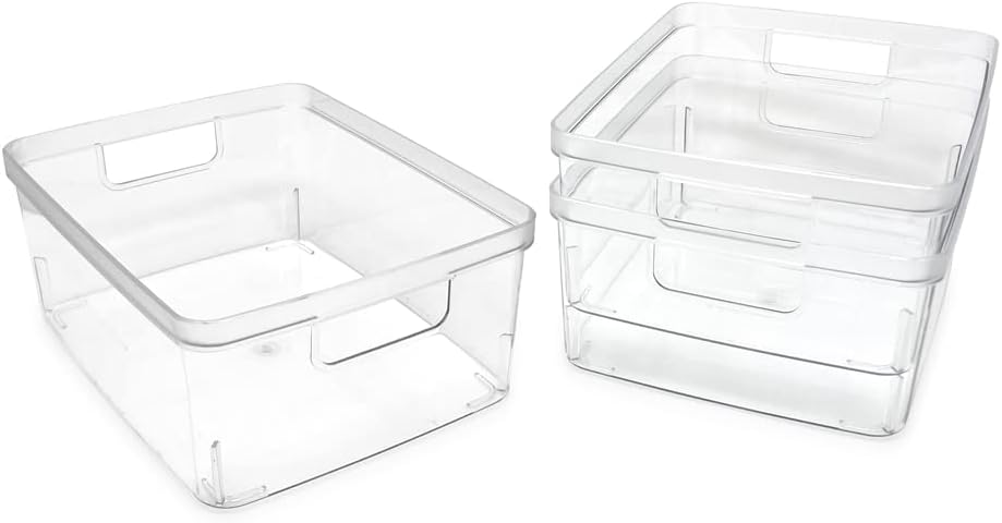 2-Pack Extra-Large Clear Storage Bins (11.5” L x 14” W x 9” H) w/Cutout Handles, Plastic Organizer for Home, for Kitchen, Fridge, Pantry, BPA Free, Food Safe (2-Pack, Extra-Large)