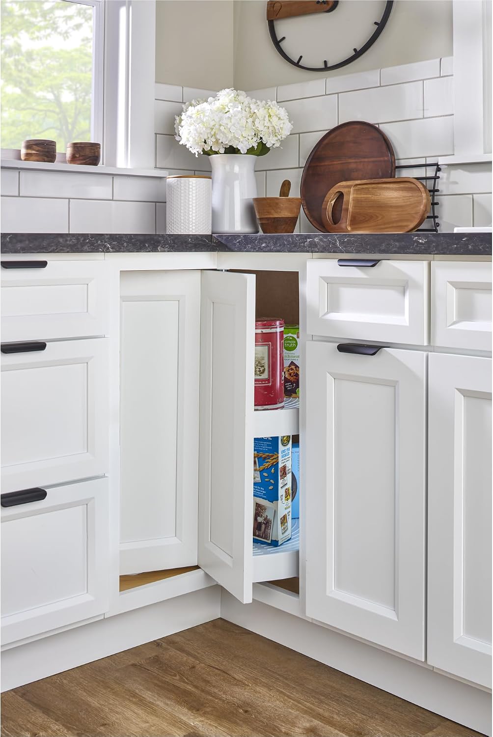 24" Pie-Cut Dual Tier Plastic Lazy Susan Organizer for Diagonal Corner Base Cabinets, Rotating Shelves for Kitchen Organization, 24" W x 14.38" D x 26" H, White, LD-2942-24-11-1