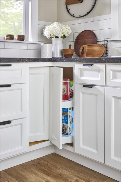 24" Pie-Cut Dual Tier Plastic Lazy Susan Organizer for Diagonal Corner Base Cabinets, Rotating Shelves for Kitchen Organization, 24" W x 14.38" D x 26" H, White, LD-2942-24-11-1