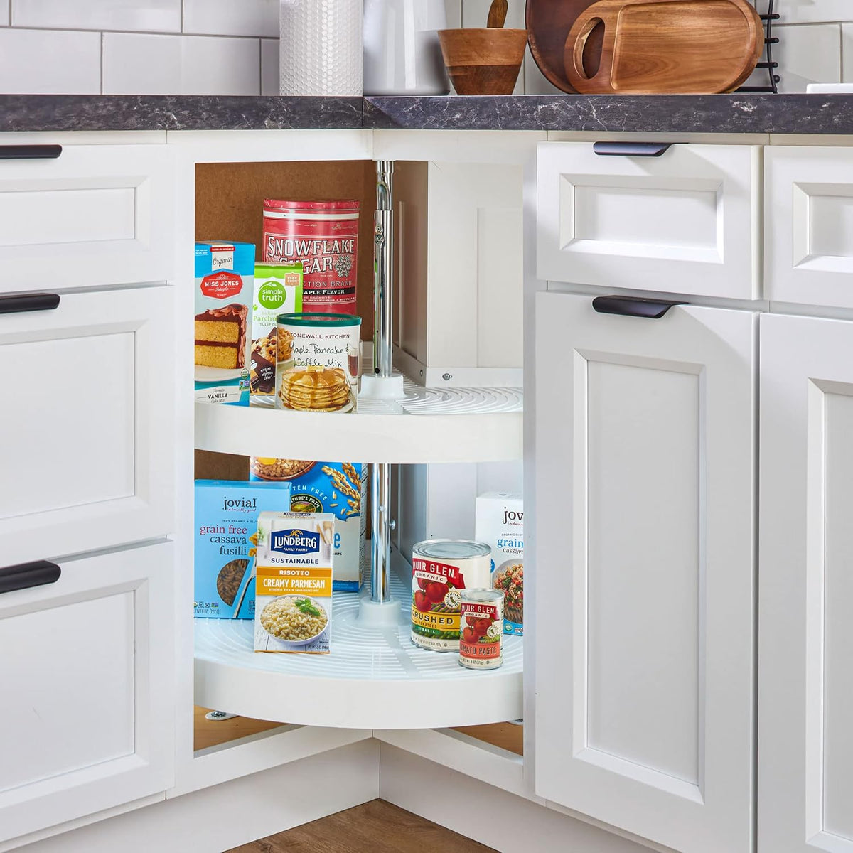 24" Pie-Cut Dual Tier Plastic Lazy Susan Organizer for Diagonal Corner Base Cabinets, Rotating Shelves for Kitchen Organization, 24" W x 14.38" D x 26" H, White, LD-2942-24-11-1