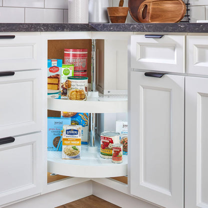 24" Pie-Cut Dual Tier Plastic Lazy Susan Organizer for Diagonal Corner Base Cabinets, Rotating Shelves for Kitchen Organization, 24" W x 14.38" D x 26" H, White, LD-2942-24-11-1