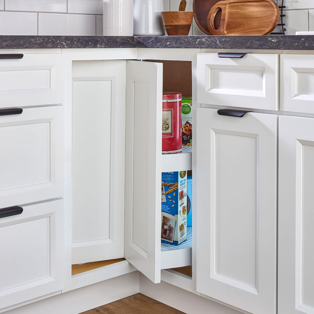 24" Pie-Cut Dual Tier Plastic Lazy Susan Organizer for Diagonal Corner Base Cabinets, Rotating Shelves for Kitchen Organization, 24" W x 14.38" D x 26" H, White, LD-2942-24-11-1