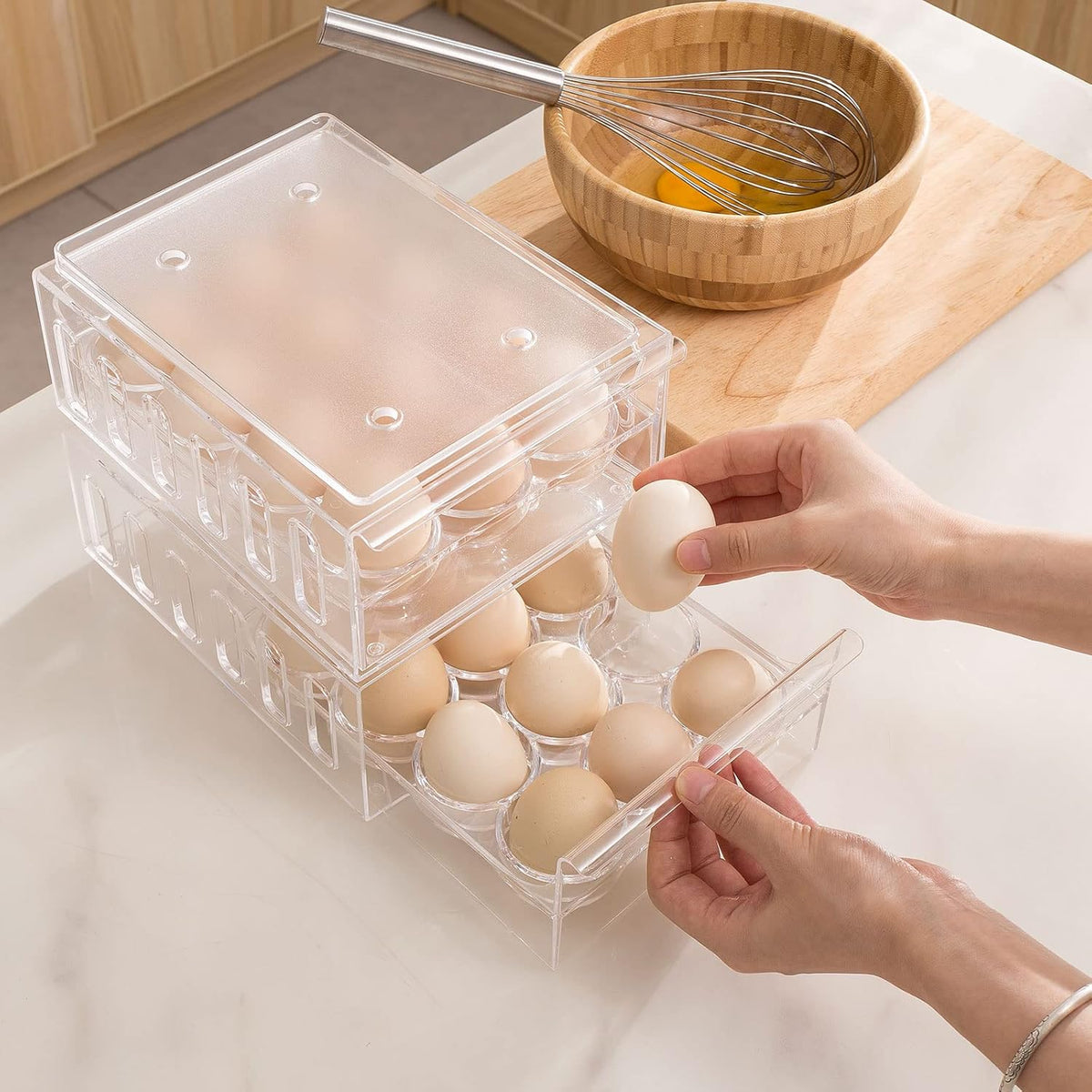 Egg Container for Refrigerator BPA Free Refrigerator Organizer Bins,Stackable Egg Holder for Refrigerator,18 Egg Tray,Clear
