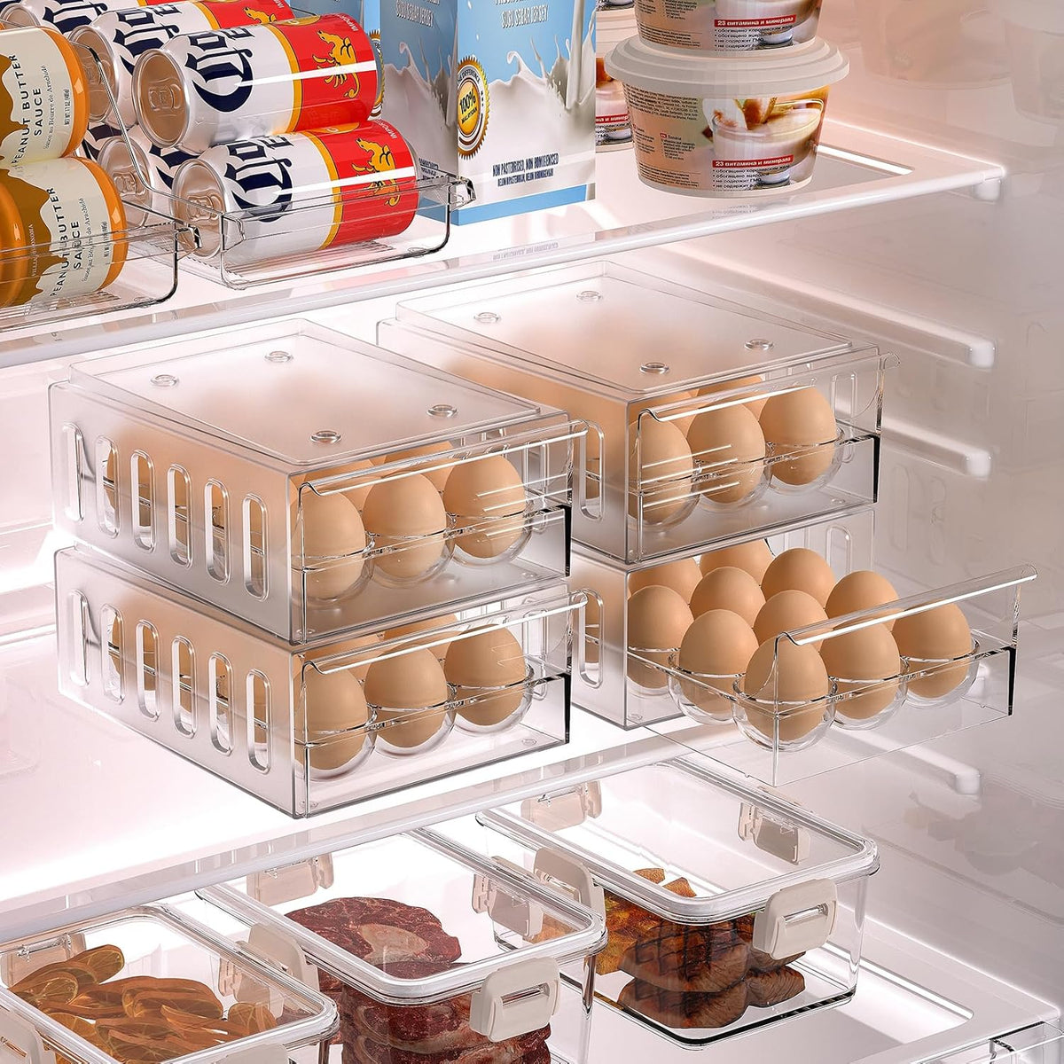 Egg Container for Refrigerator BPA Free Refrigerator Organizer Bins,Stackable Egg Holder for Refrigerator,18 Egg Tray,Clear
