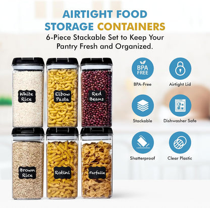 6 PC 1.2L Airtight Food Storage Containers with Lids BPA Free Plastic | Clear Plastic Stackable Cereal Containers with Easy Lock Leakproof Lids for Kitchen & Pantry Organization, Snacks, Pasta