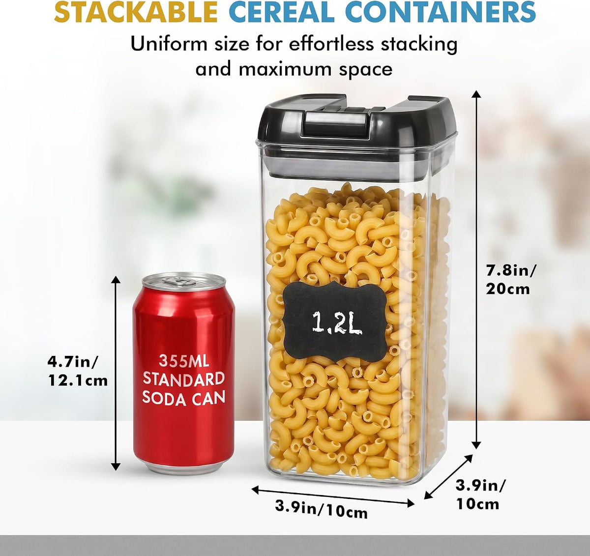 6 PC 1.2L Airtight Food Storage Containers with Lids BPA Free Plastic | Clear Plastic Stackable Cereal Containers with Easy Lock Leakproof Lids for Kitchen & Pantry Organization, Snacks, Pasta