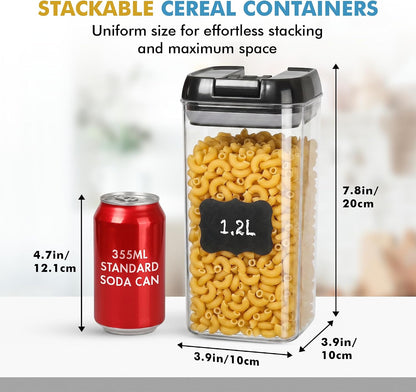 6 PC 1.2L Airtight Food Storage Containers with Lids BPA Free Plastic | Clear Plastic Stackable Cereal Containers with Easy Lock Leakproof Lids for Kitchen & Pantry Organization, Snacks, Pasta