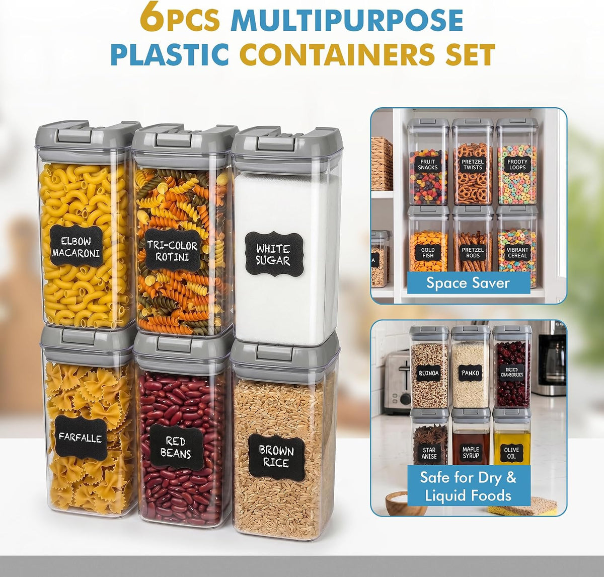 6 PC 1.2L Airtight Food Storage Containers with Lids BPA Free Plastic | Clear Plastic Stackable Cereal Containers with Easy Lock Leakproof Lids for Kitchen & Pantry Organization, Snacks, Pasta