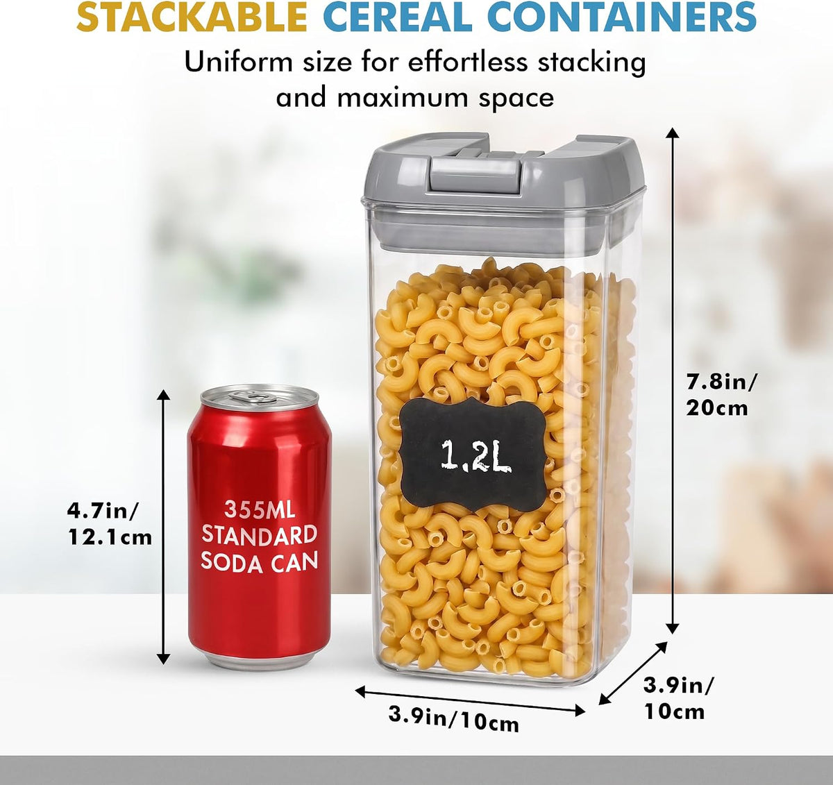 6 PC 1.2L Airtight Food Storage Containers with Lids BPA Free Plastic | Clear Plastic Stackable Cereal Containers with Easy Lock Leakproof Lids for Kitchen & Pantry Organization, Snacks, Pasta