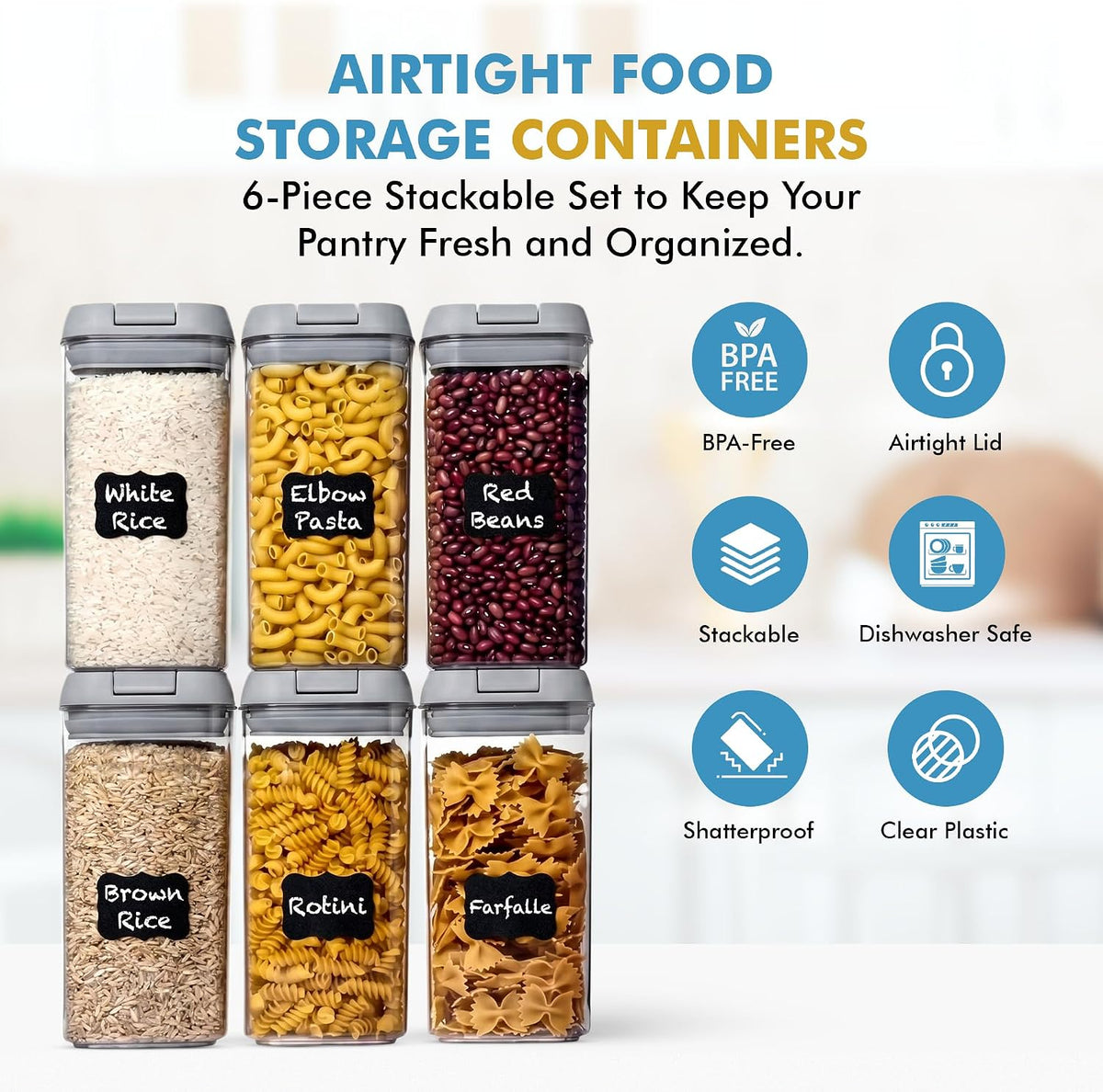 6 PC 1.2L Airtight Food Storage Containers with Lids BPA Free Plastic | Clear Plastic Stackable Cereal Containers with Easy Lock Leakproof Lids for Kitchen & Pantry Organization, Snacks, Pasta