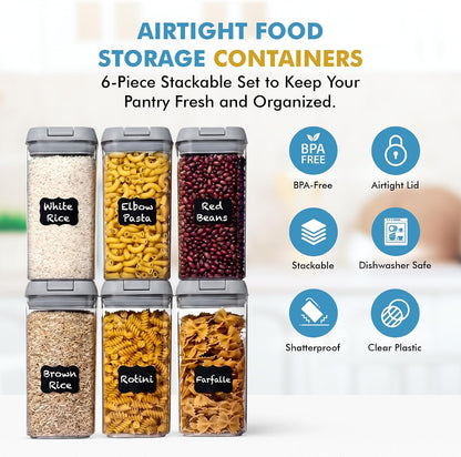 6 PC 1.2L Airtight Food Storage Containers with Lids BPA Free Plastic | Clear Plastic Stackable Cereal Containers with Easy Lock Leakproof Lids for Kitchen & Pantry Organization, Snacks, Pasta