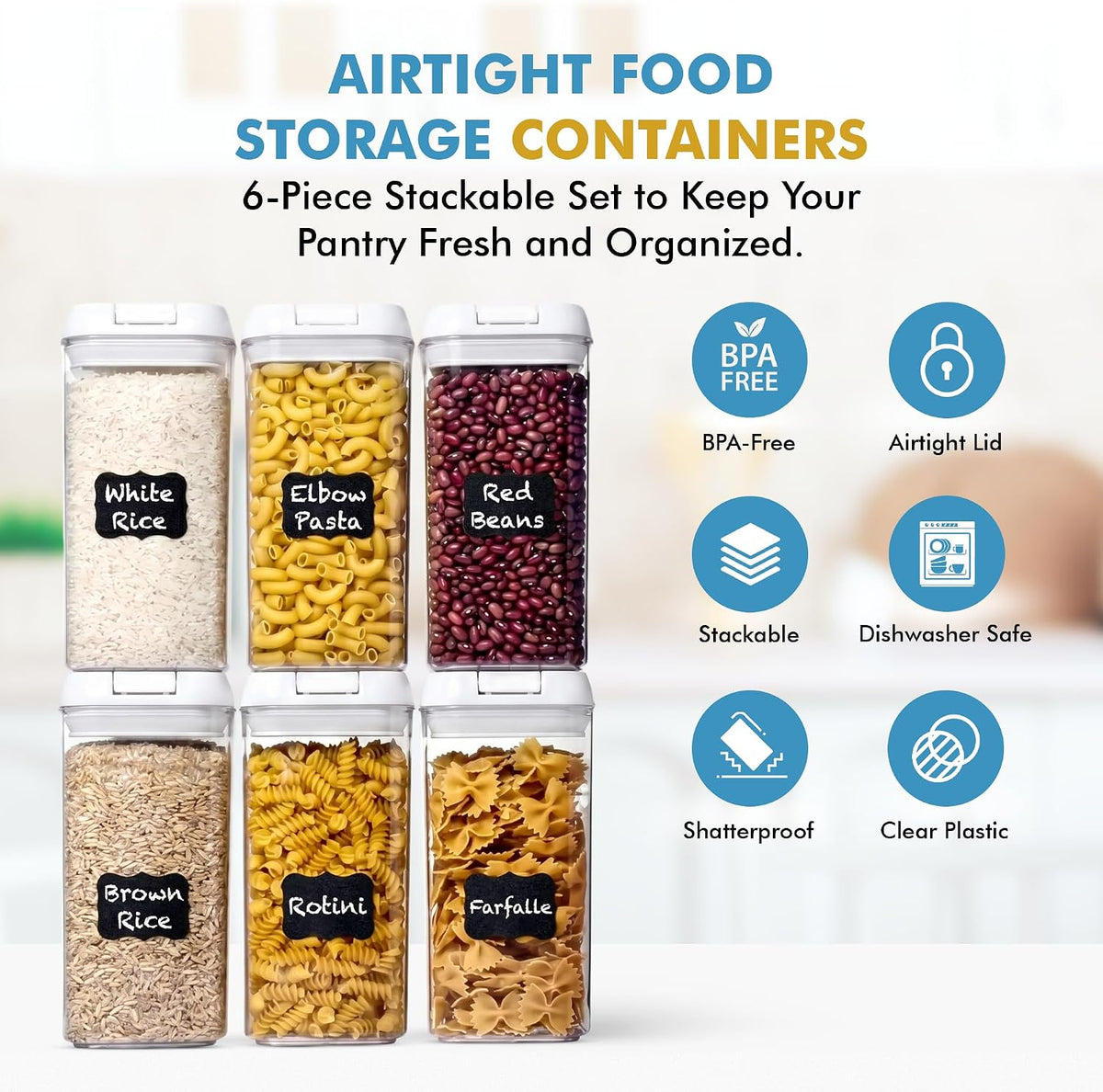 6 PC 1.2L Airtight Food Storage Containers with Lids BPA Free Plastic | Clear Plastic Stackable Cereal Containers with Easy Lock Leakproof Lids for Kitchen & Pantry Organization, Snacks, Pasta