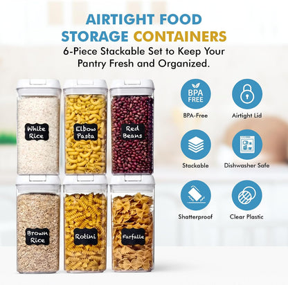 6 PC 1.2L Airtight Food Storage Containers with Lids BPA Free Plastic | Clear Plastic Stackable Cereal Containers with Easy Lock Leakproof Lids for Kitchen & Pantry Organization, Snacks, Pasta