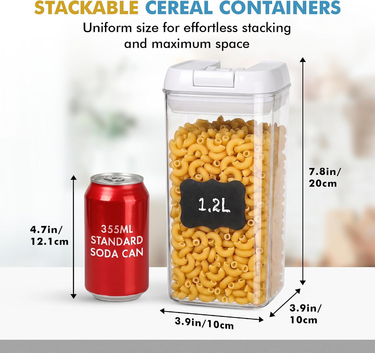 6 PC 1.2L Airtight Food Storage Containers with Lids BPA Free Plastic | Clear Plastic Stackable Cereal Containers with Easy Lock Leakproof Lids for Kitchen & Pantry Organization, Snacks, Pasta
