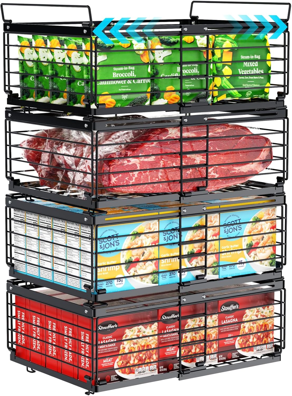 Freezer Organizer Bins - Adjustable Fits Chest Freezers 10-20 Cu Ft | Stackable Wire Baskets, Easy Access & Quick Organization, Sturdy Steel Rack Holds Frozen Meat and Vegetables, Black