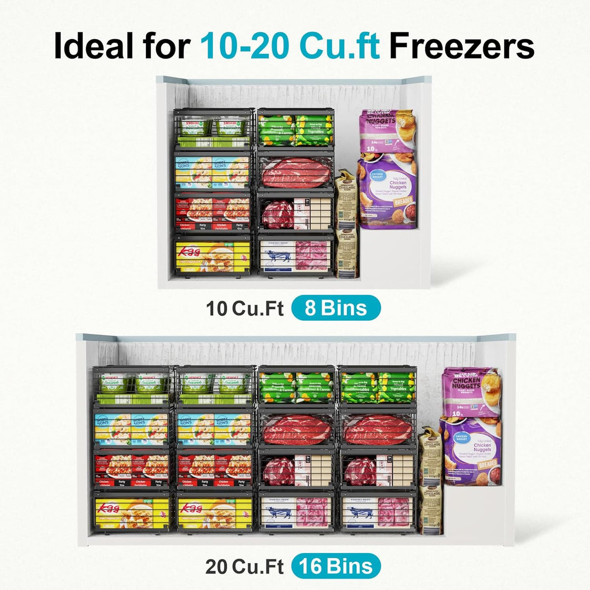 Freezer Organizer Bins - Adjustable Fits Chest Freezers 10-20 Cu Ft | Stackable Wire Baskets, Easy Access & Quick Organization, Sturdy Steel Rack Holds Frozen Meat and Vegetables, Black
