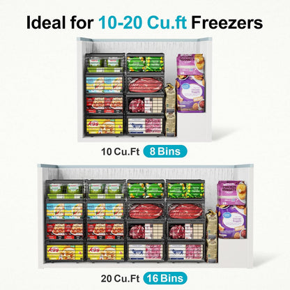 Freezer Organizer Bins - Adjustable Fits Chest Freezers 10-20 Cu Ft | Stackable Wire Baskets, Easy Access & Quick Organization, Sturdy Steel Rack Holds Frozen Meat and Vegetables, Black
