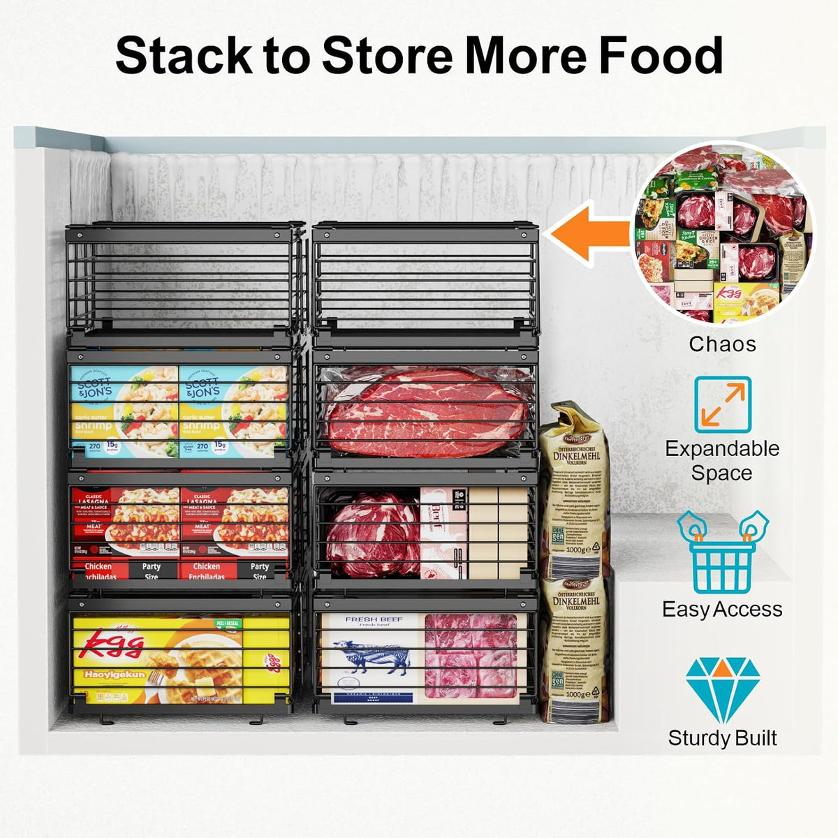 Freezer Organizer Bins - Adjustable Fits Chest Freezers 10-20 Cu Ft | Stackable Wire Baskets, Easy Access & Quick Organization, Sturdy Steel Rack Holds Frozen Meat and Vegetables, Black