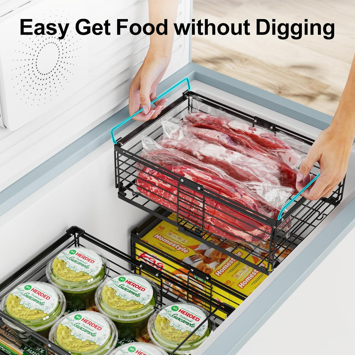 Freezer Organizer Bins - Adjustable Fits Chest Freezers 10-20 Cu Ft | Stackable Wire Baskets, Easy Access & Quick Organization, Sturdy Steel Rack Holds Frozen Meat and Vegetables, Black
