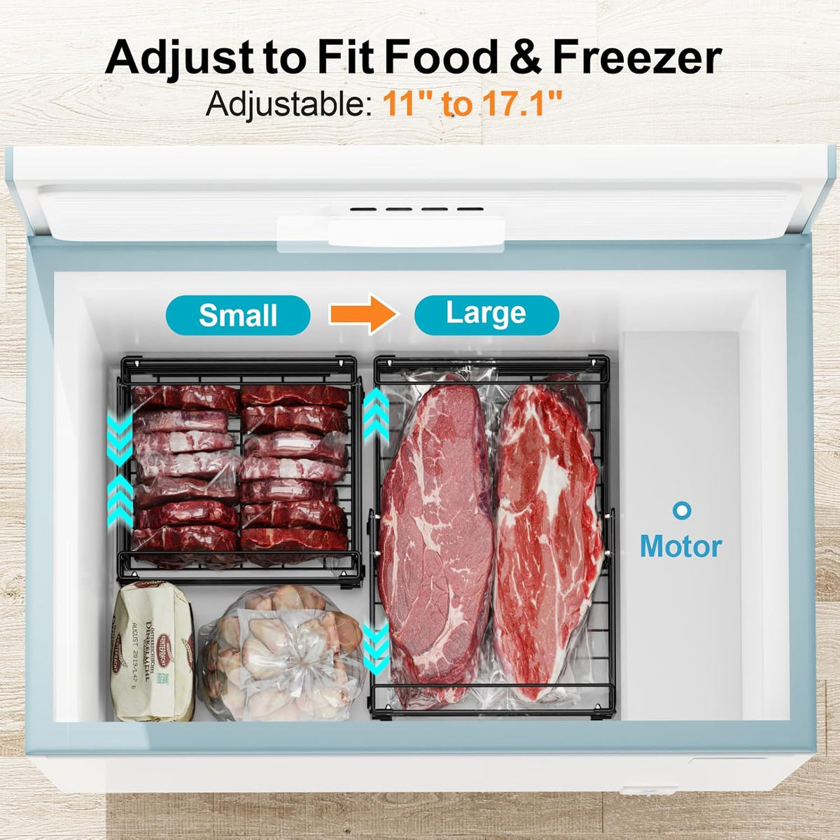 Freezer Organizer Bins - Adjustable Fits Chest Freezers 10-20 Cu Ft | Stackable Wire Baskets, Easy Access & Quick Organization, Sturdy Steel Rack Holds Frozen Meat and Vegetables, Black