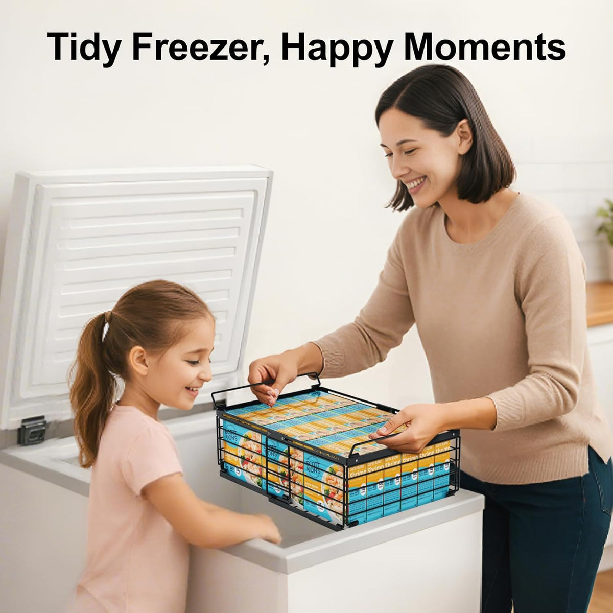Freezer Organizer Bins - Adjustable Fits Chest Freezers 10-20 Cu Ft | Stackable Wire Baskets, Easy Access & Quick Organization, Sturdy Steel Rack Holds Frozen Meat and Vegetables, Black