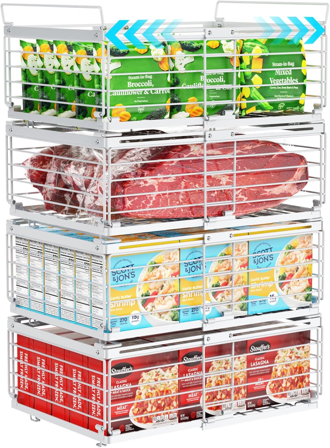 Freezer Organizer Bins - Adjustable Fits Chest Freezers 10-20 Cu Ft | Stackable Wire Baskets, Easy Access & Quick Organization, Sturdy Steel Rack Holds Frozen Meat and Vegetables, Black