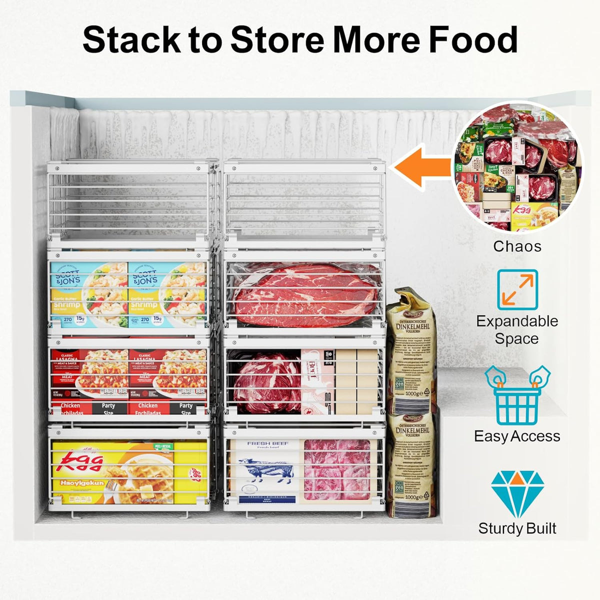 Freezer Organizer Bins - Adjustable Fits Chest Freezers 10-20 Cu Ft | Stackable Wire Baskets, Easy Access & Quick Organization, Sturdy Steel Rack Holds Frozen Meat and Vegetables, Black