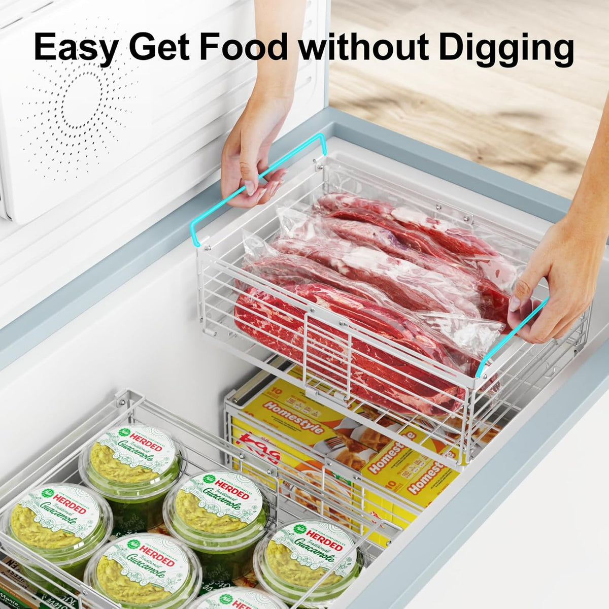 Freezer Organizer Bins - Adjustable Fits Chest Freezers 10-20 Cu Ft | Stackable Wire Baskets, Easy Access & Quick Organization, Sturdy Steel Rack Holds Frozen Meat and Vegetables, Black