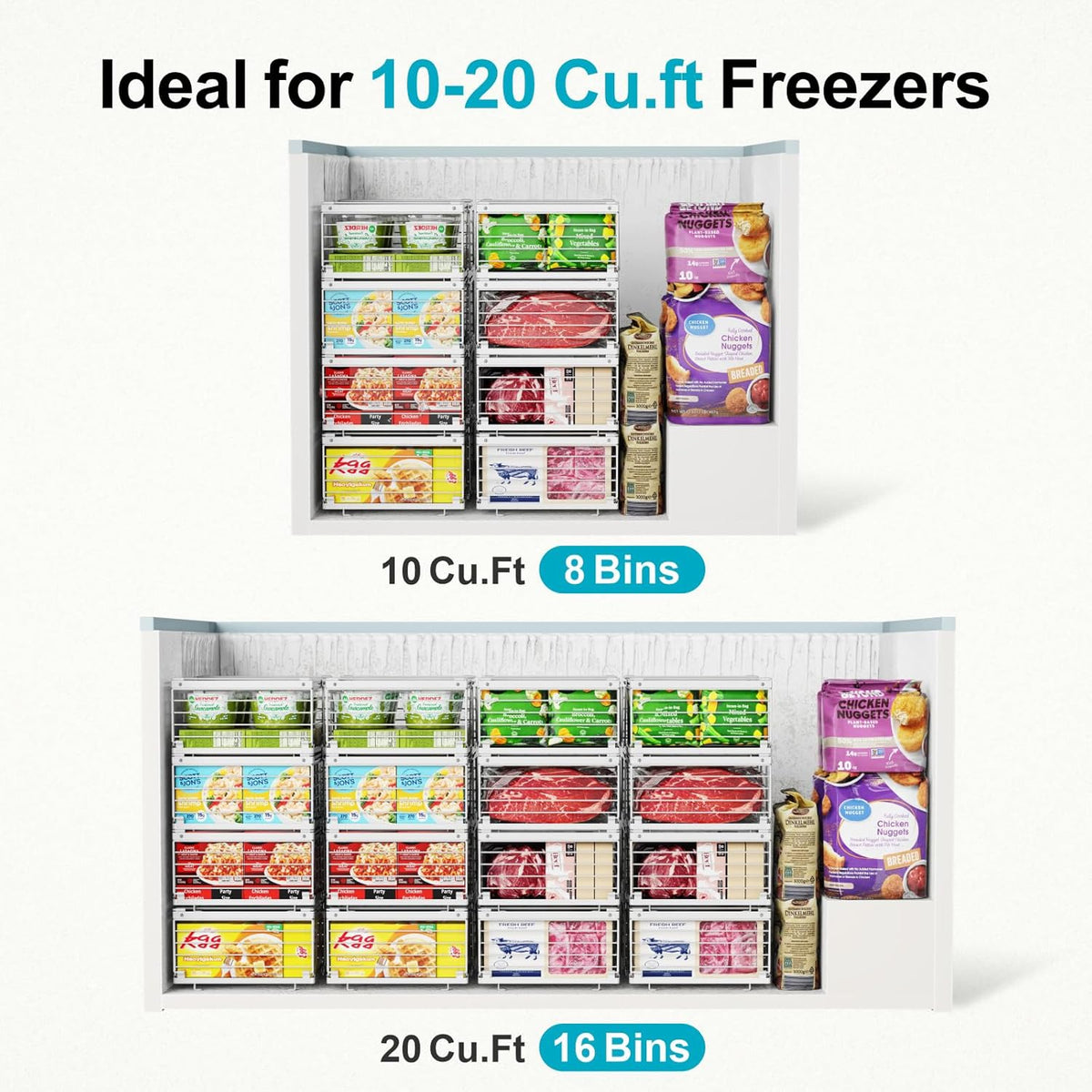 Freezer Organizer Bins - Adjustable Fits Chest Freezers 10-20 Cu Ft | Stackable Wire Baskets, Easy Access & Quick Organization, Sturdy Steel Rack Holds Frozen Meat and Vegetables, Black