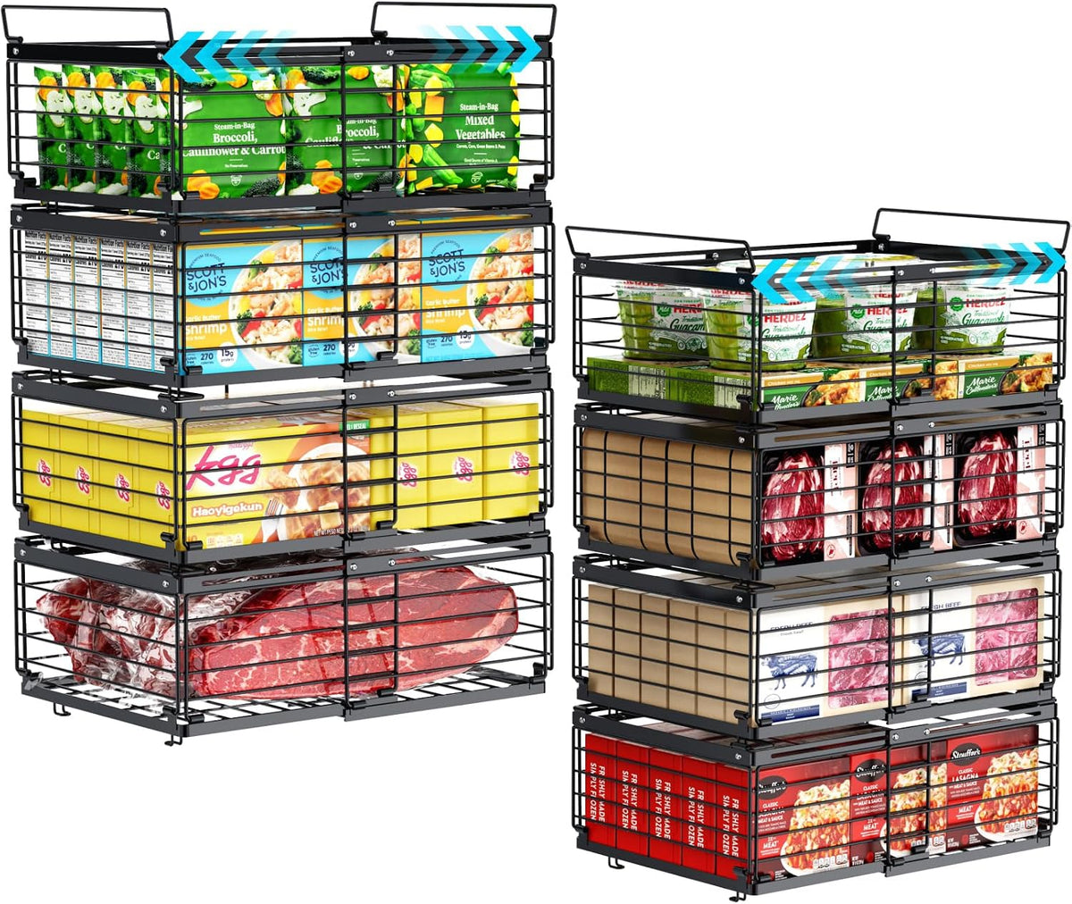 Freezer Organizer Bins - Adjustable Fits Chest Freezers 10-20 Cu Ft | Stackable Wire Baskets, Easy Access & Quick Organization, Sturdy Steel Rack Holds Frozen Meat and Vegetables, Black