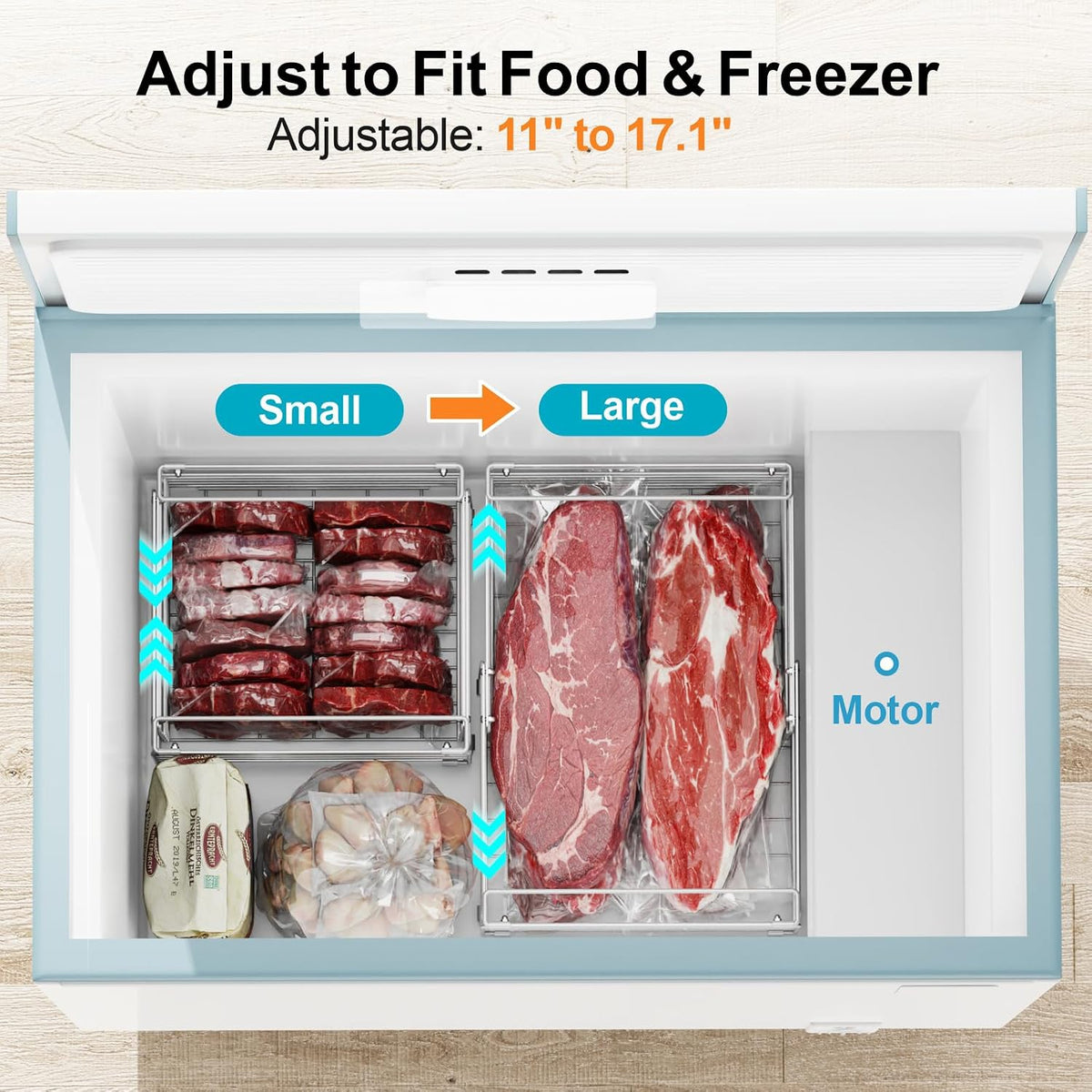 Freezer Organizer Bins - Adjustable Fits Chest Freezers 10-20 Cu Ft | Stackable Wire Baskets, Easy Access & Quick Organization, Sturdy Steel Rack Holds Frozen Meat and Vegetables, Black