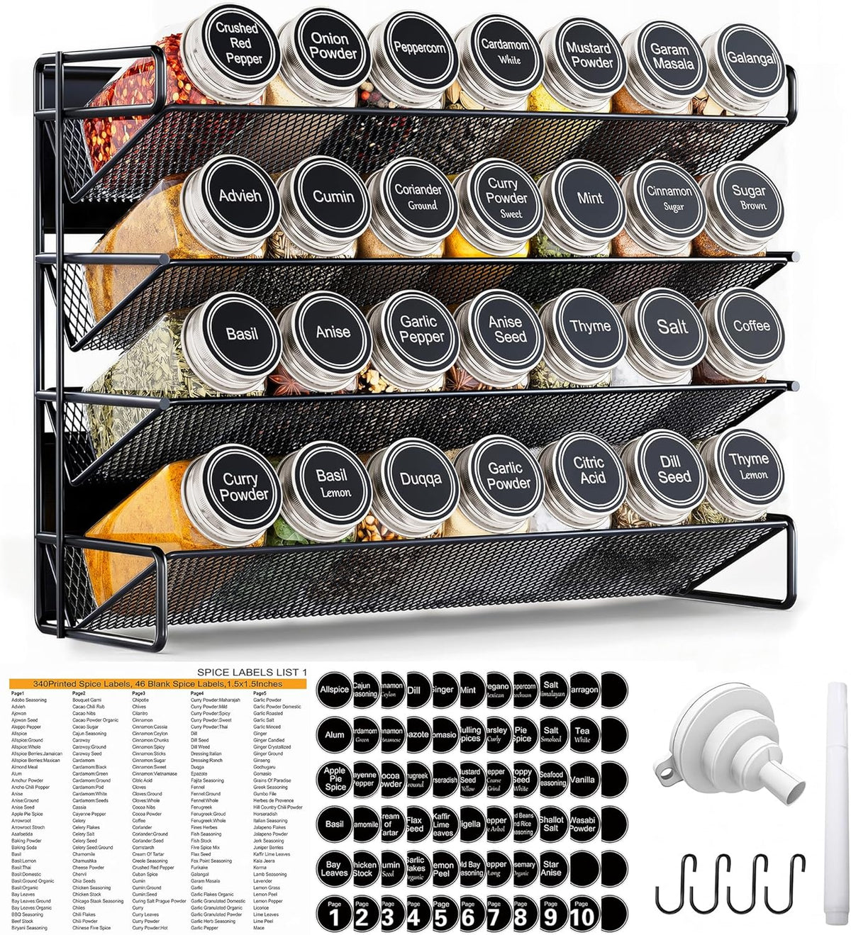 UVIAHOMI Spice Rack Organizer for Cabinet with 28 Spice Jars, 386 Spice Labels, Magnetic Spice Rack for Refrigerator, Seasoning Organizer for Countertop, Kitchen, Pantry, 13.2" W x 9.8" H, Black