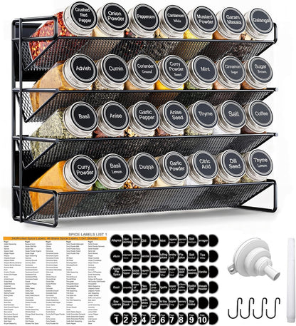 UVIAHOMI Spice Rack Organizer for Cabinet with 28 Spice Jars, 386 Spice Labels, Magnetic Spice Rack for Refrigerator, Seasoning Organizer for Countertop, Kitchen, Pantry, 13.2" W x 9.8" H, Black