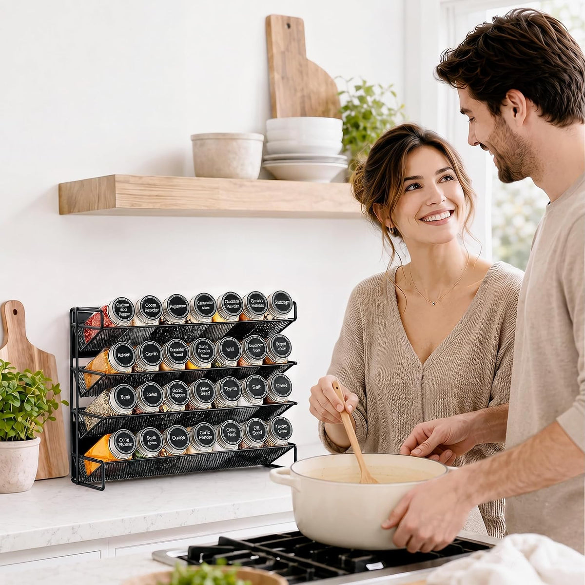 UVIAHOMI Spice Rack Organizer for Cabinet with 28 Spice Jars, 386 Spice Labels, Magnetic Spice Rack for Refrigerator, Seasoning Organizer for Countertop, Kitchen, Pantry, 13.2" W x 9.8" H, Black