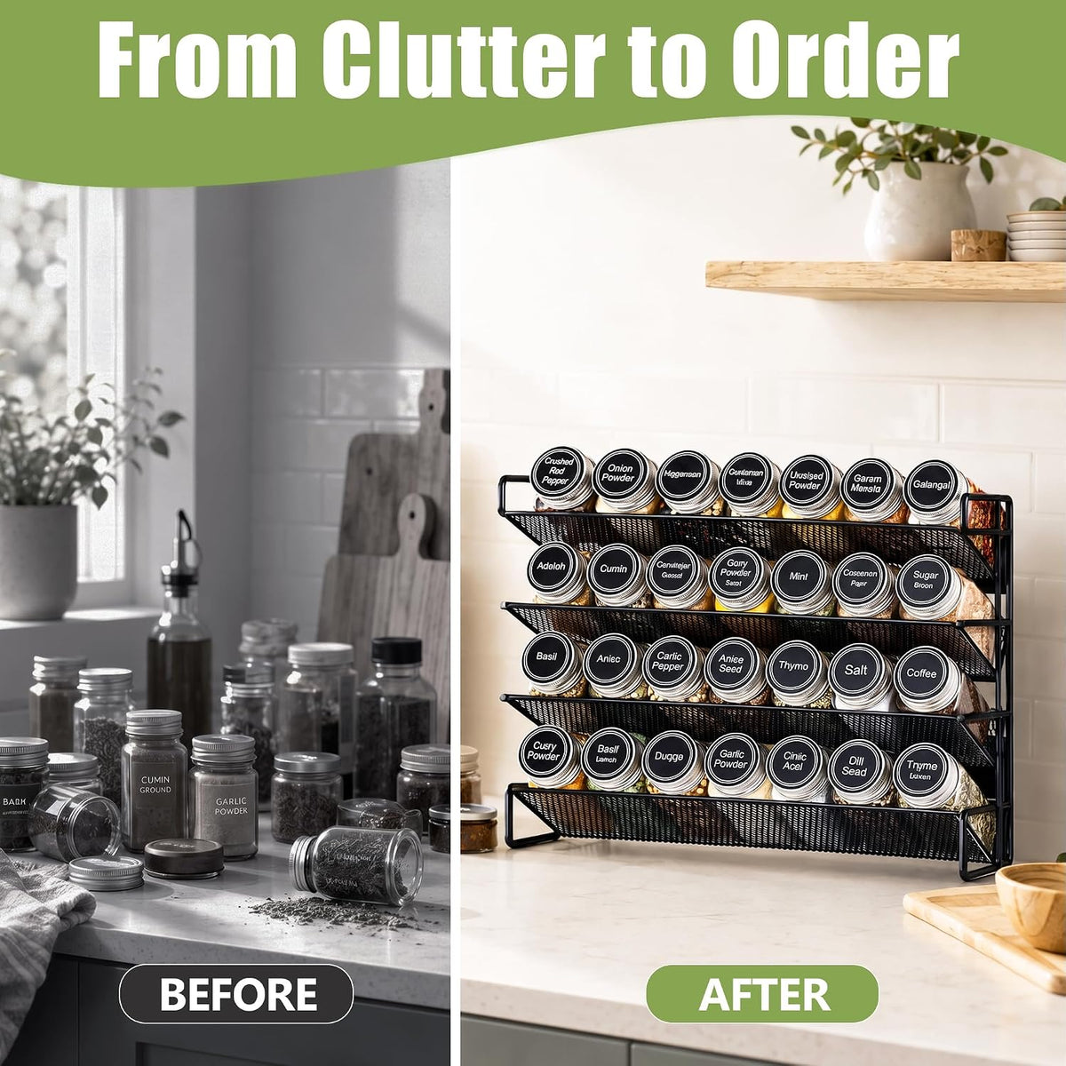 UVIAHOMI Spice Rack Organizer for Cabinet with 28 Spice Jars, 386 Spice Labels, Magnetic Spice Rack for Refrigerator, Seasoning Organizer for Countertop, Kitchen, Pantry, 13.2" W x 9.8" H, Black