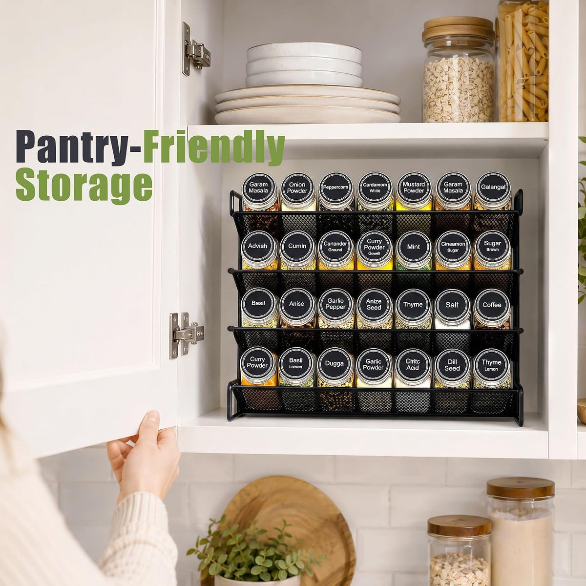 UVIAHOMI Spice Rack Organizer for Cabinet with 28 Spice Jars, 386 Spice Labels, Magnetic Spice Rack for Refrigerator, Seasoning Organizer for Countertop, Kitchen, Pantry, 13.2" W x 9.8" H, Black