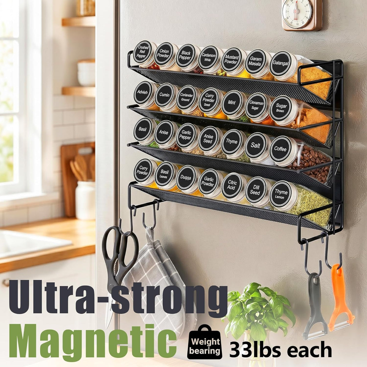 UVIAHOMI Spice Rack Organizer for Cabinet with 28 Spice Jars, 386 Spice Labels, Magnetic Spice Rack for Refrigerator, Seasoning Organizer for Countertop, Kitchen, Pantry, 13.2" W x 9.8" H, Black