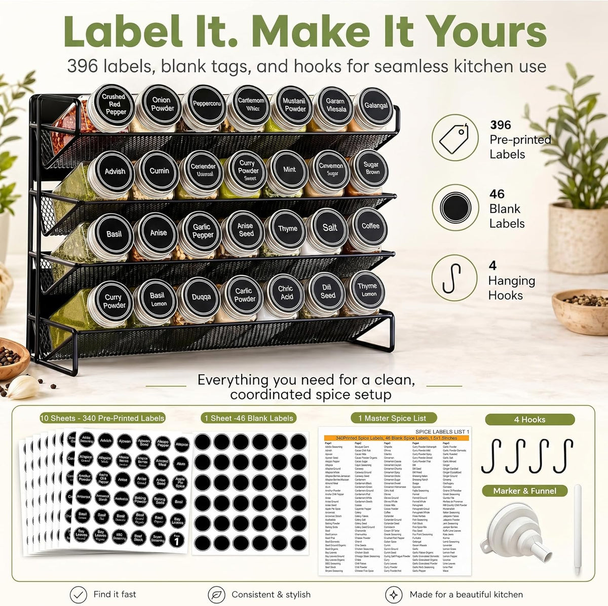 UVIAHOMI Spice Rack Organizer for Cabinet with 28 Spice Jars, 386 Spice Labels, Magnetic Spice Rack for Refrigerator, Seasoning Organizer for Countertop, Kitchen, Pantry, 13.2" W x 9.8" H, Black