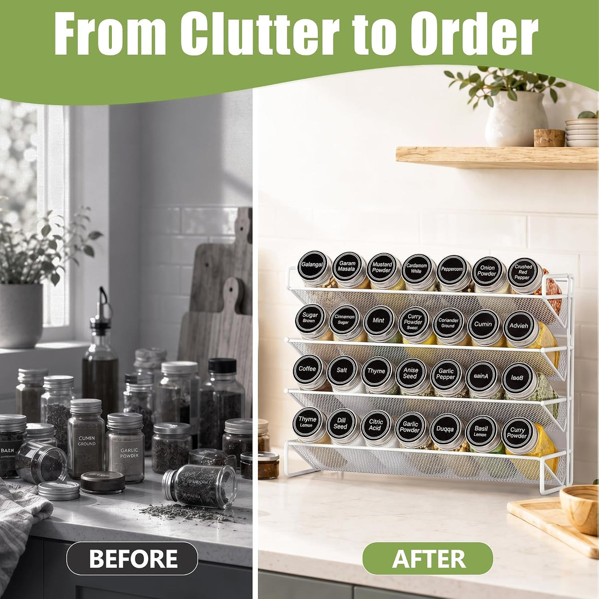 UVIAHOMI Spice Rack Organizer for Cabinet with 28 Spice Jars, 386 Spice Labels, Magnetic Spice Rack for Refrigerator, Seasoning Organizer for Countertop, Kitchen, Pantry, 13.2" W x 9.8" H, Black