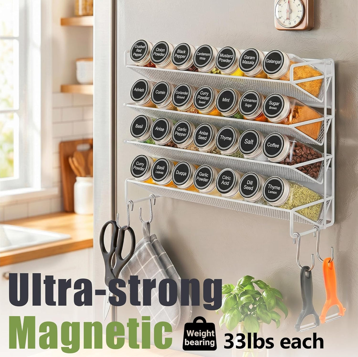 UVIAHOMI Spice Rack Organizer for Cabinet with 28 Spice Jars, 386 Spice Labels, Magnetic Spice Rack for Refrigerator, Seasoning Organizer for Countertop, Kitchen, Pantry, 13.2" W x 9.8" H, Black