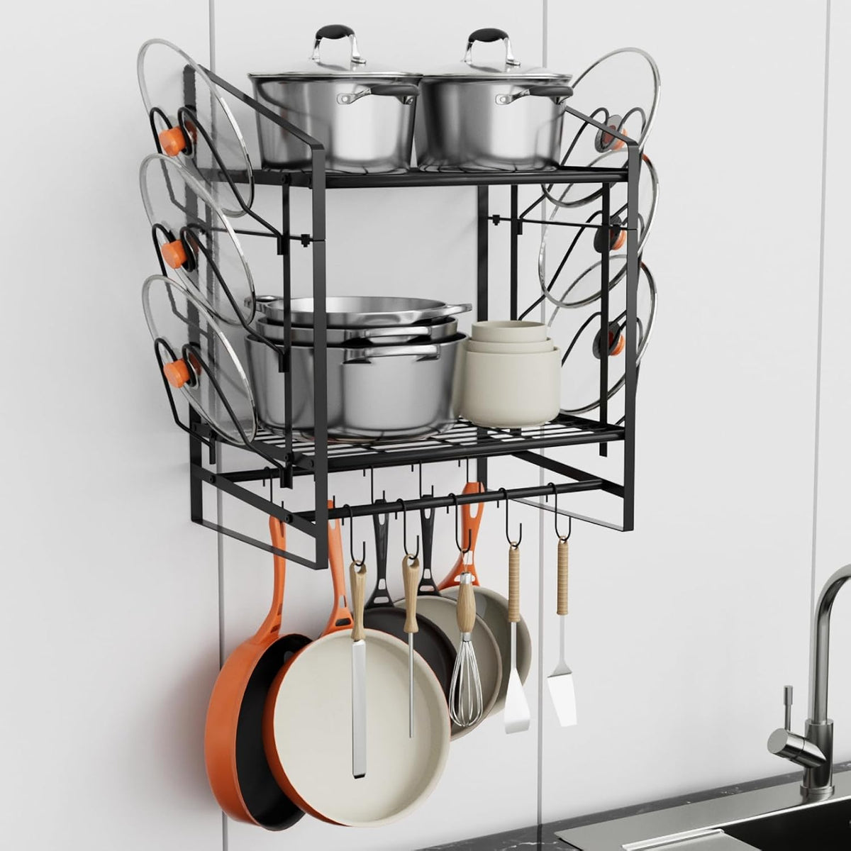 28 Inch Pot Rack Wall Mounted, 2 Tier Pots and Pans Organizer with 20 Hooks and 6 Pot Lid Holders, Heavy Duty Steel Pot and Pan Hanger for Kitchen Cookware Utensils Storage 34.7" Lx13 Wx26.4 H