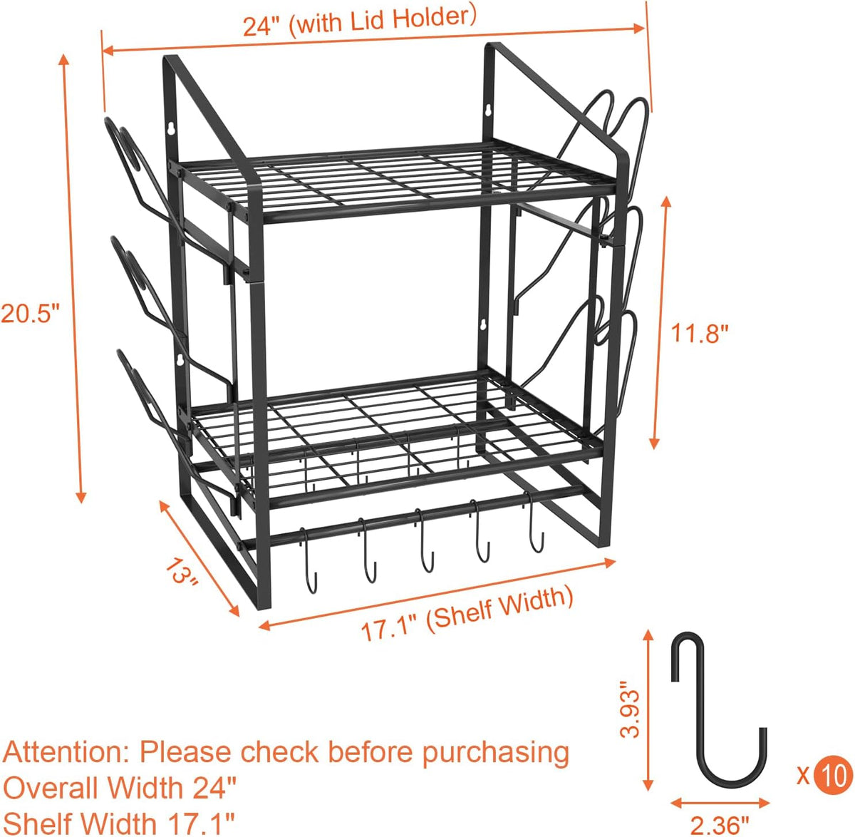 28 Inch Pot Rack Wall Mounted, 2 Tier Pots and Pans Organizer with 20 Hooks and 6 Pot Lid Holders, Heavy Duty Steel Pot and Pan Hanger for Kitchen Cookware Utensils Storage 34.7" Lx13 Wx26.4 H