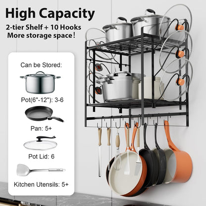28 Inch Pot Rack Wall Mounted, 2 Tier Pots and Pans Organizer with 20 Hooks and 6 Pot Lid Holders, Heavy Duty Steel Pot and Pan Hanger for Kitchen Cookware Utensils Storage 34.7" Lx13 Wx26.4 H