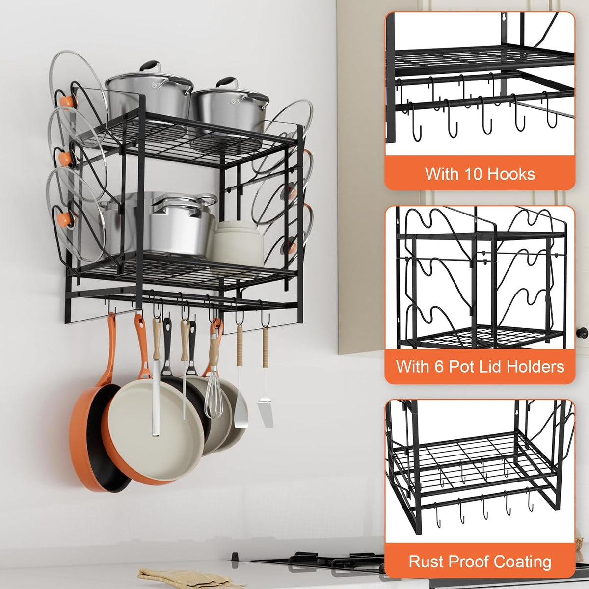 28 Inch Pot Rack Wall Mounted, 2 Tier Pots and Pans Organizer with 20 Hooks and 6 Pot Lid Holders, Heavy Duty Steel Pot and Pan Hanger for Kitchen Cookware Utensils Storage 34.7" Lx13 Wx26.4 H