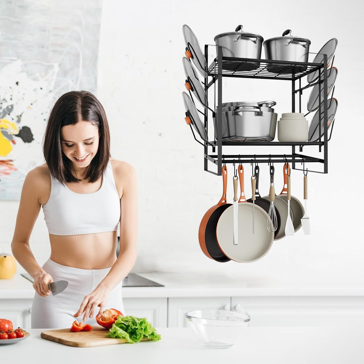 28 Inch Pot Rack Wall Mounted, 2 Tier Pots and Pans Organizer with 20 Hooks and 6 Pot Lid Holders, Heavy Duty Steel Pot and Pan Hanger for Kitchen Cookware Utensils Storage 34.7" Lx13 Wx26.4 H