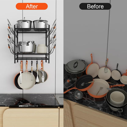 28 Inch Pot Rack Wall Mounted, 2 Tier Pots and Pans Organizer with 20 Hooks and 6 Pot Lid Holders, Heavy Duty Steel Pot and Pan Hanger for Kitchen Cookware Utensils Storage 34.7" Lx13 Wx26.4 H