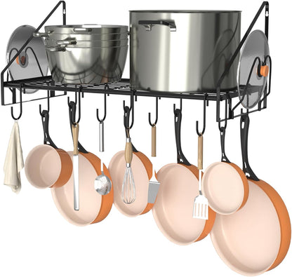 28 Inch Pot Rack Wall Mounted, 2 Tier Pots and Pans Organizer with 20 Hooks and 6 Pot Lid Holders, Heavy Duty Steel Pot and Pan Hanger for Kitchen Cookware Utensils Storage 34.7" Lx13 Wx26.4 H