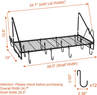 28 Inch Pot Rack Wall Mounted, 2 Tier Pots and Pans Organizer with 20 Hooks and 6 Pot Lid Holders, Heavy Duty Steel Pot and Pan Hanger for Kitchen Cookware Utensils Storage 34.7" Lx13 Wx26.4 H