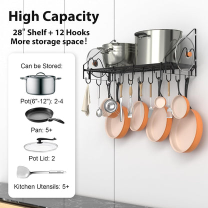 28 Inch Pot Rack Wall Mounted, 2 Tier Pots and Pans Organizer with 20 Hooks and 6 Pot Lid Holders, Heavy Duty Steel Pot and Pan Hanger for Kitchen Cookware Utensils Storage 34.7" Lx13 Wx26.4 H