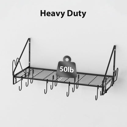 28 Inch Pot Rack Wall Mounted, 2 Tier Pots and Pans Organizer with 20 Hooks and 6 Pot Lid Holders, Heavy Duty Steel Pot and Pan Hanger for Kitchen Cookware Utensils Storage 34.7" Lx13 Wx26.4 H